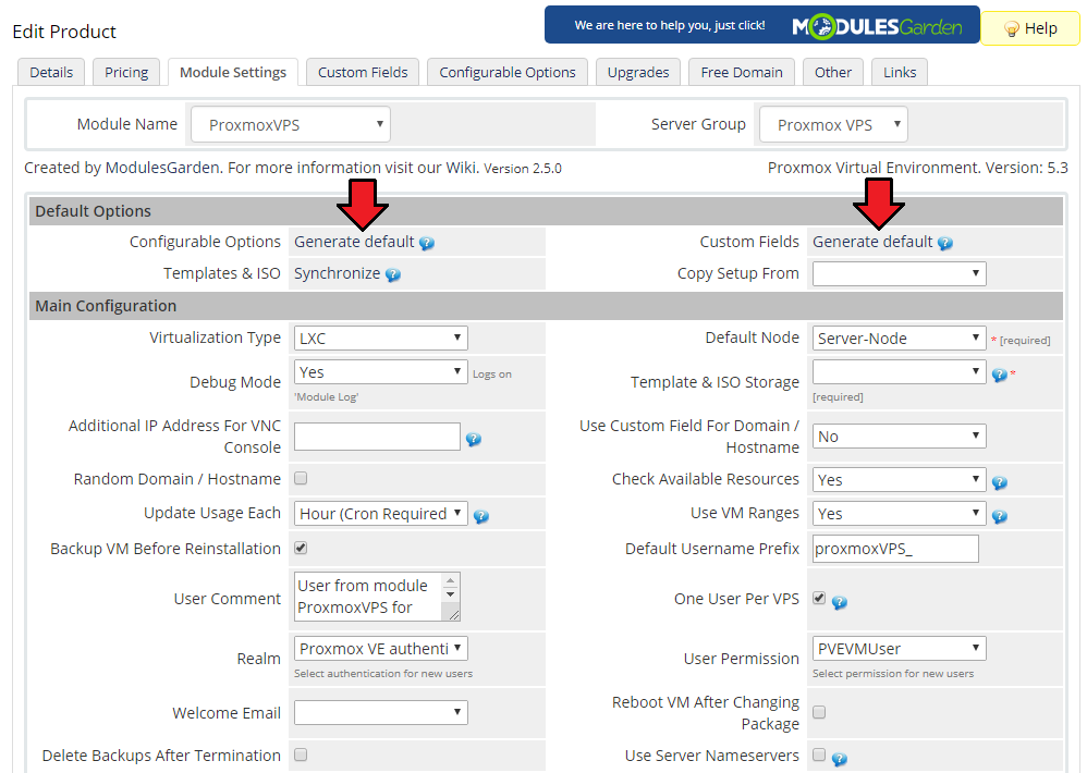 Proxmox VPS 2.X For WHMCS: Module Settings Default Options with arrows on both Generate default links