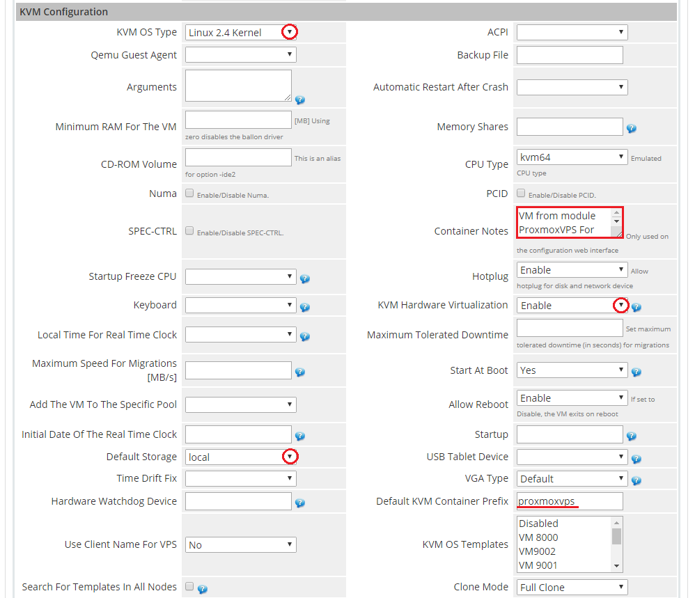 Proxmox VPS 2.X For WHMCS: KVM Configuration section of Module Settings with OS type, storage and prefix fields