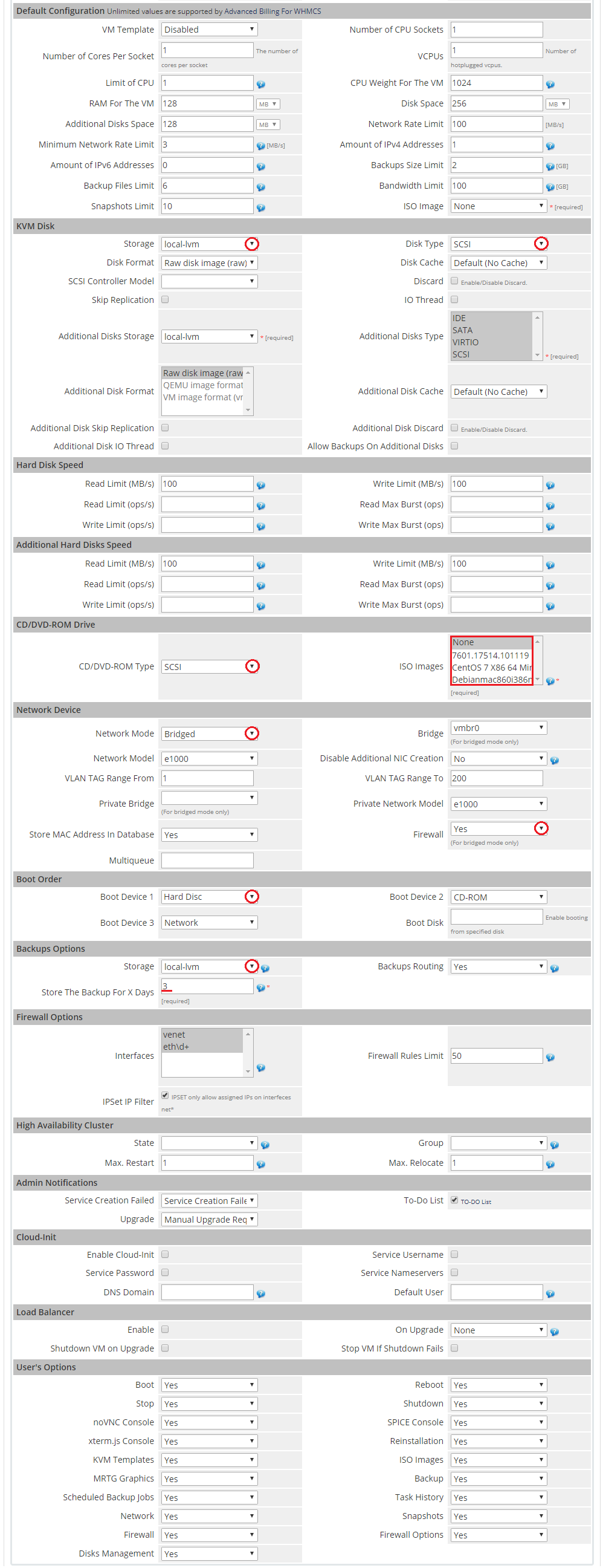 Proxmox VPS 2.X For WHMCS: KVM default configuration with disk, CD/DVD-ROM, network, boot order and user options