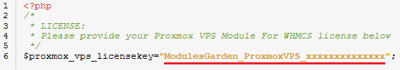 Proxmox VPS 2.X For WHMCS: license.php open in an editor with the license key between quotation marks