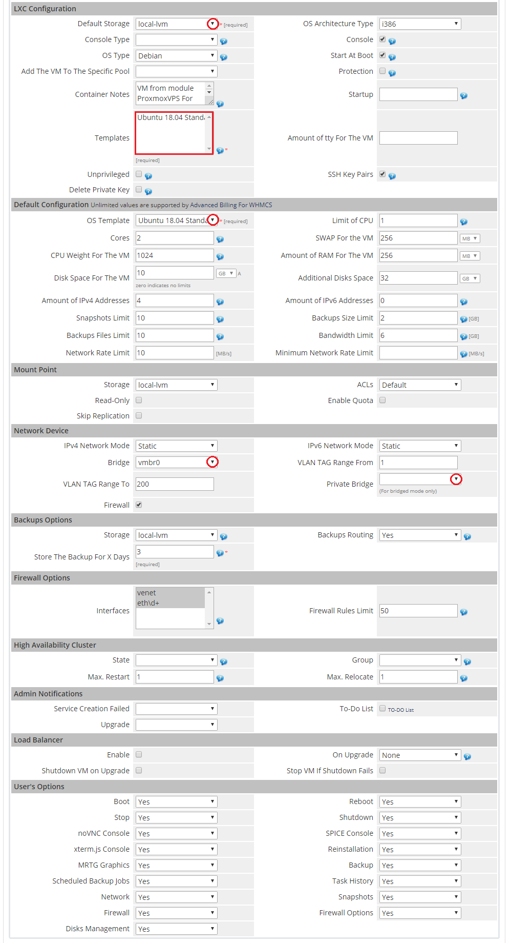 Proxmox VPS 2.X For WHMCS: LXC Configuration and default configuration sections with templates and network options