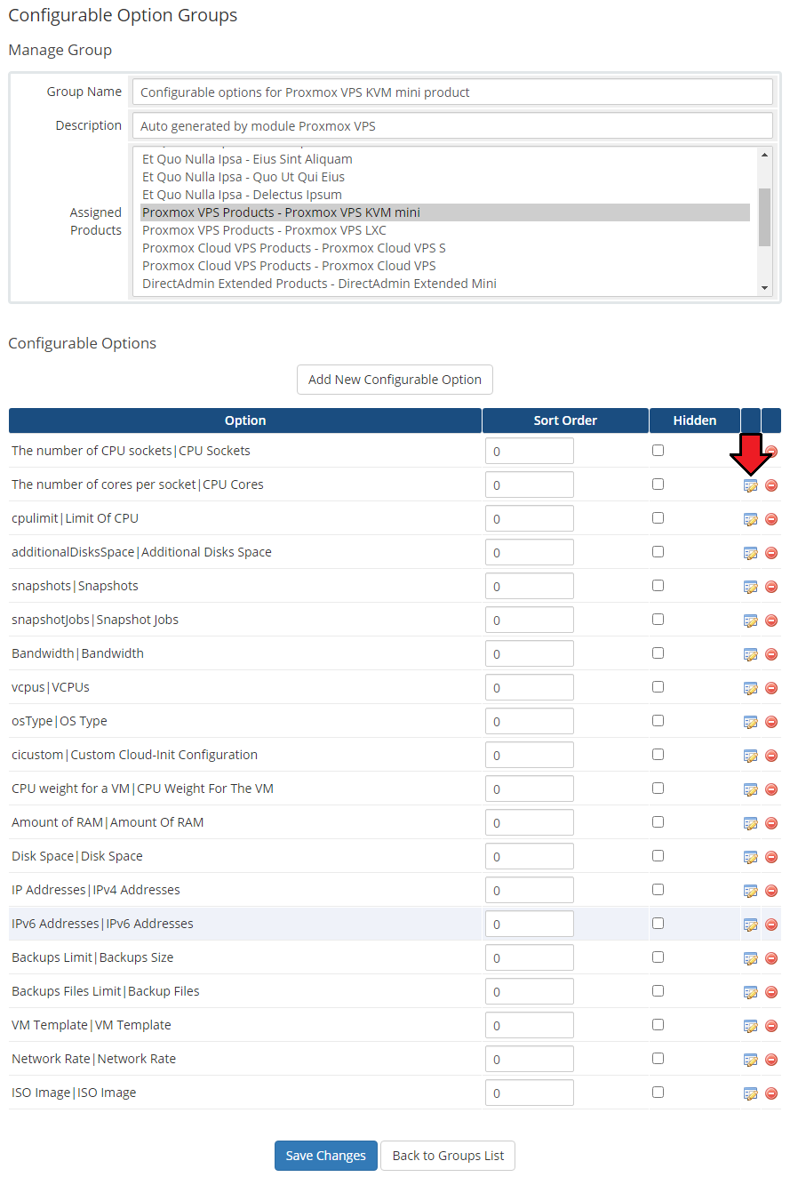 Proxmox VPS 2.X For WHMCS: WHMCS admin Manage Group page with configurable options and the edit icon for CPU cores