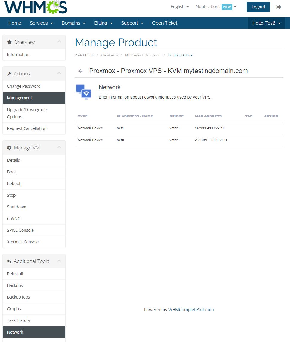 Proxmox VPS 2.X For WHMCS: client area Network page listing private network devices of the VPS