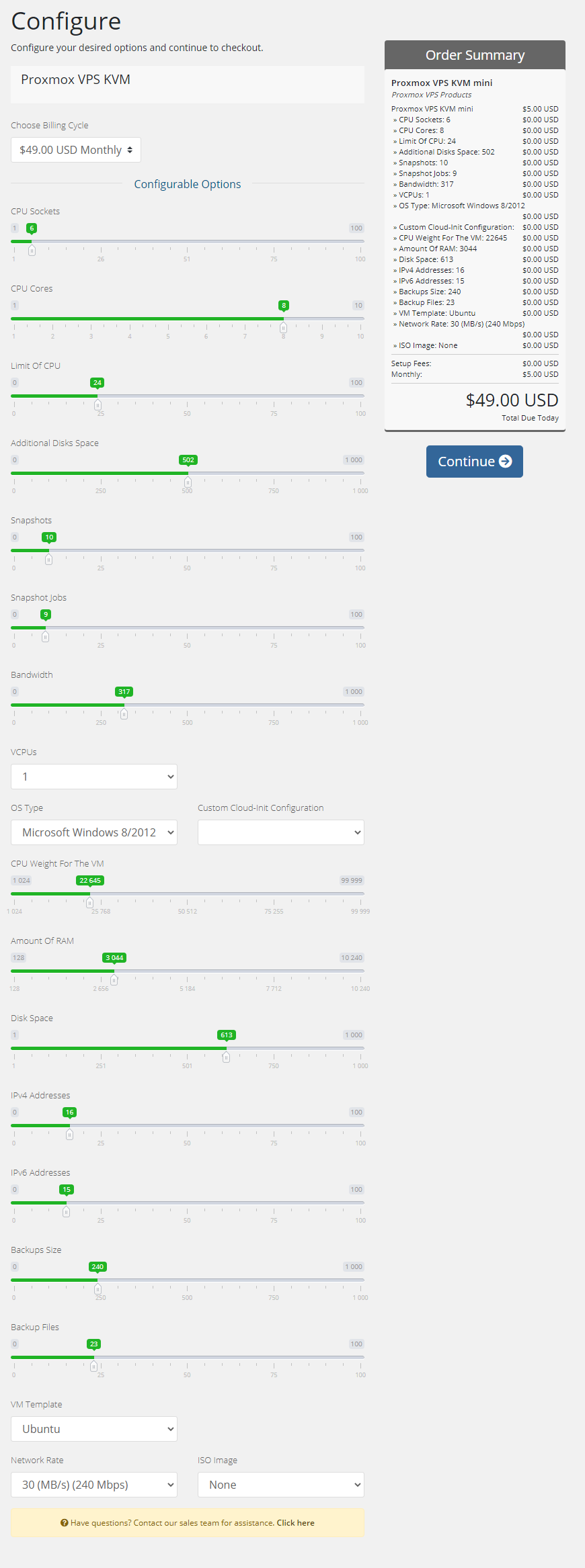 Proxmox VPS 2.X For WHMCS: client area order form with configurable option sliders and order summary