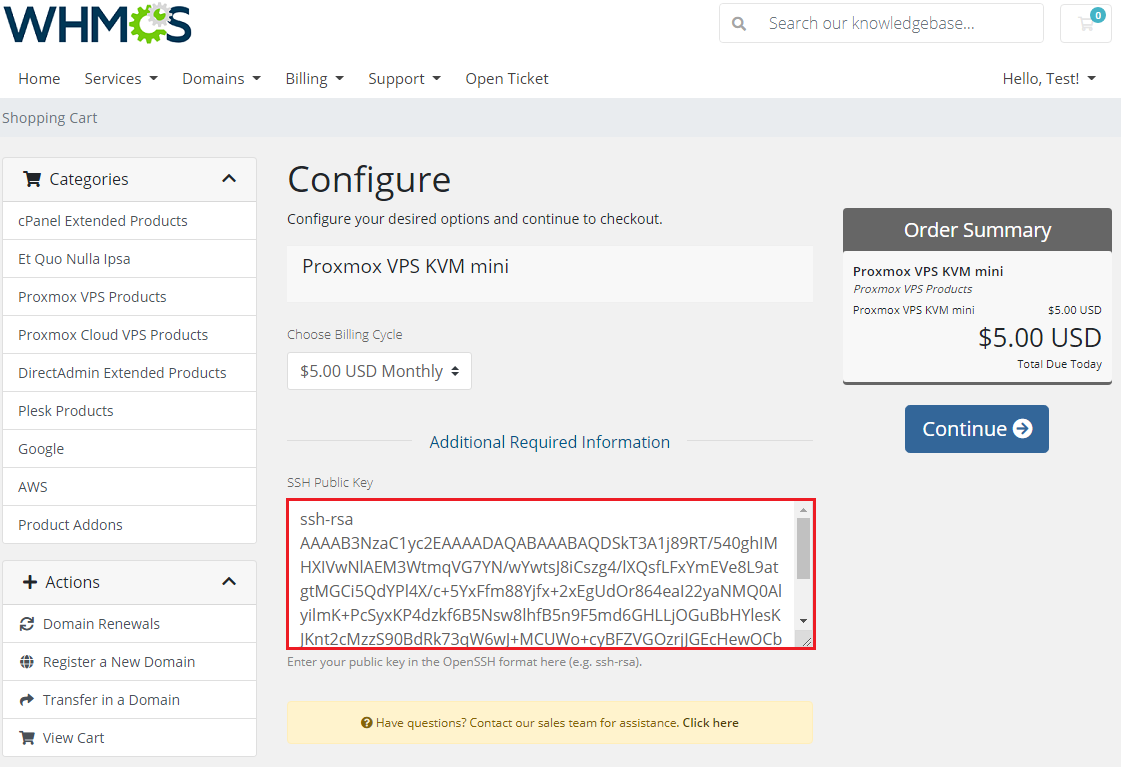 Proxmox VPS 2.X For WHMCS: order form Configure page with an SSH Public Key text area filled in OpenSSH format
