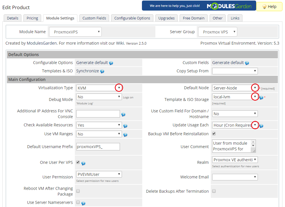 Proxmox VPS 2.X For WHMCS: product Module Settings with Virtualization Type, Default Node and storage dropdowns
