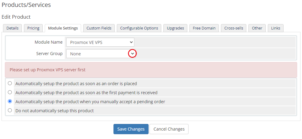 Proxmox VPS 2.X For WHMCS: product Module Settings tab with the Server Group dropdown set to None