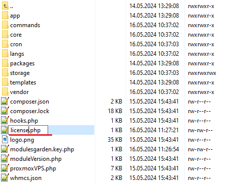 Proxmox VPS 2.X For WHMCS: module folder listing with licenseRENAME.php being renamed to license.php