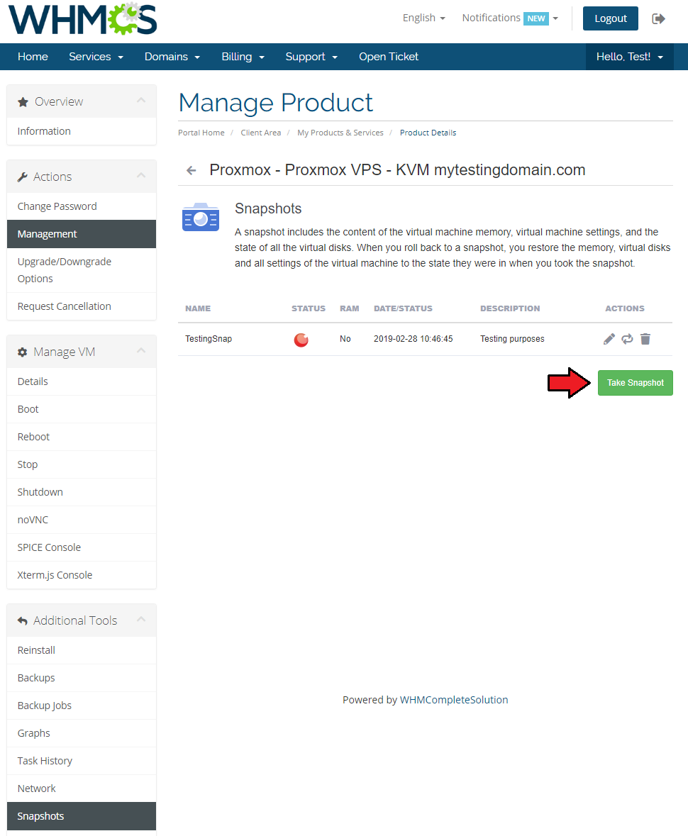 Proxmox VPS 2.X For WHMCS: client area Snapshots page with a snapshot and the Take Snapshot button