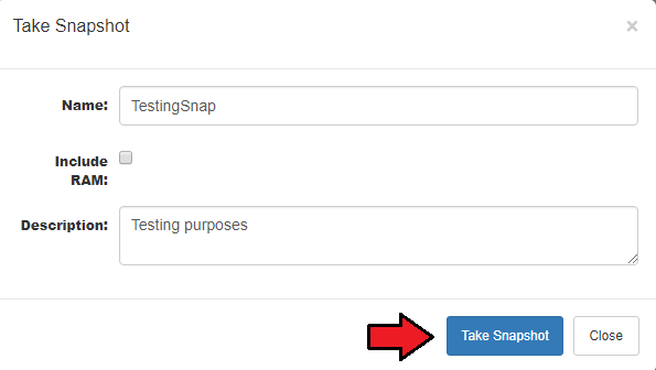 Proxmox VPS 2.X For WHMCS: Take Snapshot dialog with name, include RAM checkbox and description