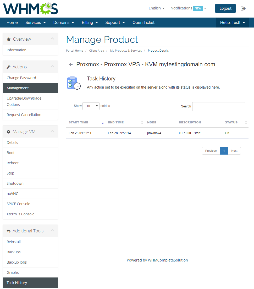 Proxmox VPS 2.X For WHMCS: client area Task History page listing VM tasks with status