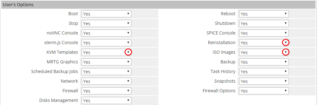 Proxmox VPS 2.X For WHMCS: User's Options section of Module Settings with Reinstallation, KVM Templates and ISO Images