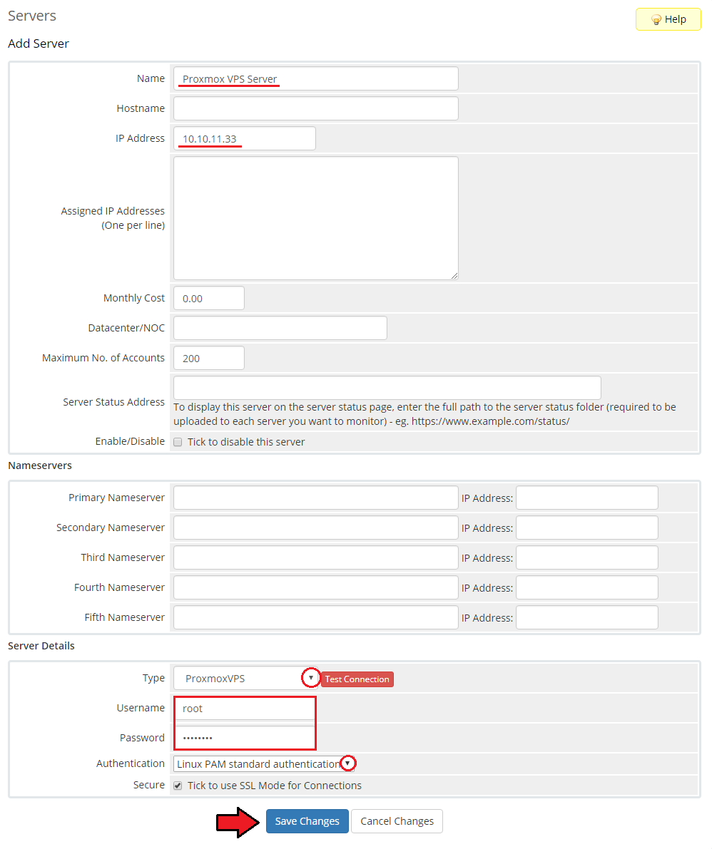Proxmox VPS 2.X For WHMCS: WHMCS Add Server form with name, IP, ProxmoxVPS type, credentials and Save Changes