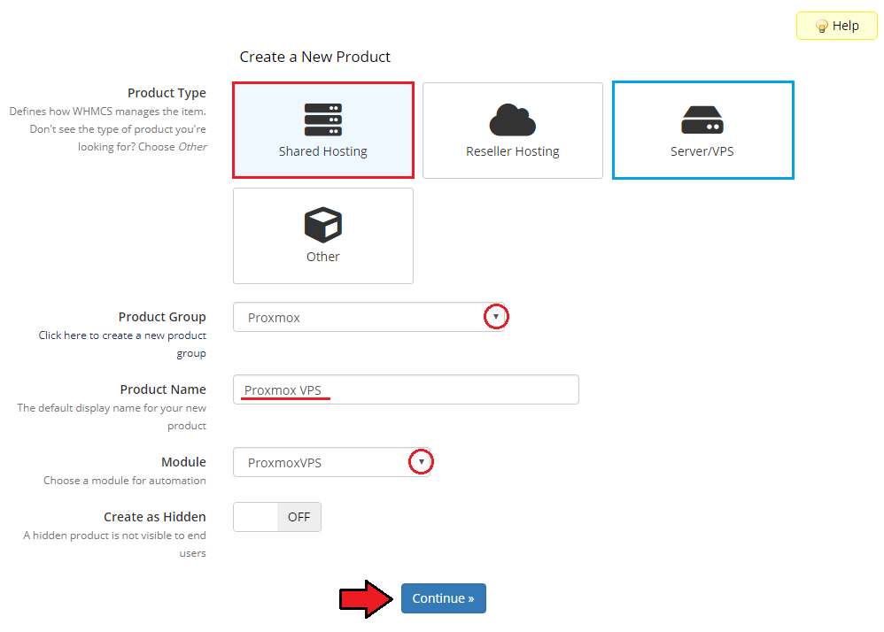 Proxmox VPS 2.X For WHMCS: WHMCS Create a New Product form with product type, group, name and ProxmoxVPS module