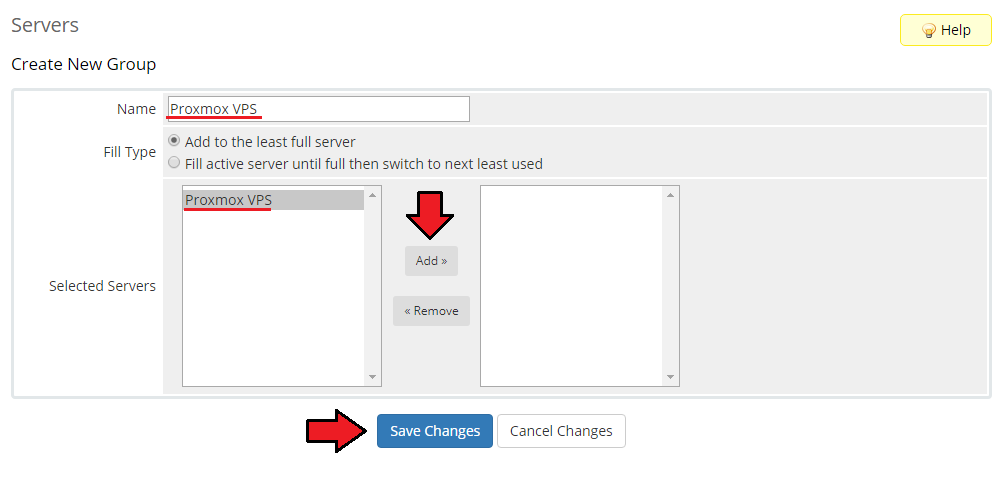 Proxmox VPS 2.X For WHMCS: WHMCS Create New Group form with the Proxmox VPS server, Add and Save Changes buttons