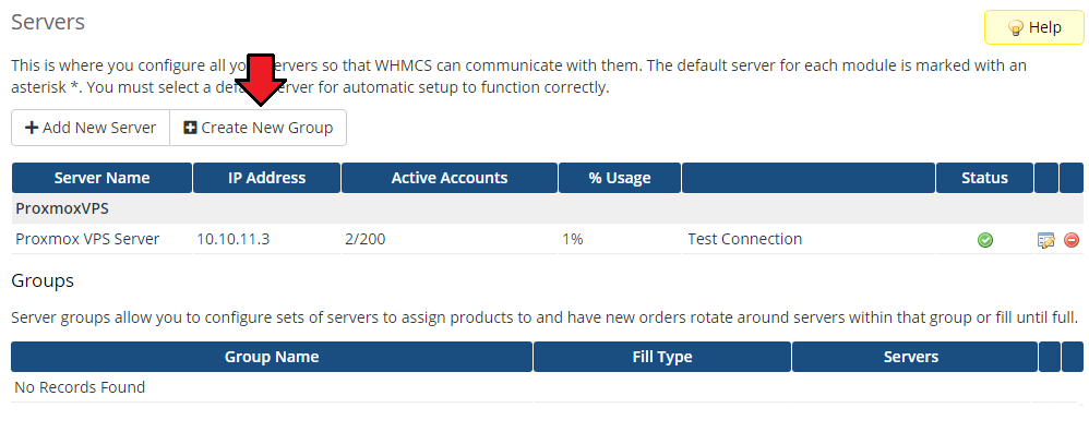 Proxmox VPS 2.X For WHMCS: WHMCS Servers list with the Proxmox VPS server and the Create New Group button
