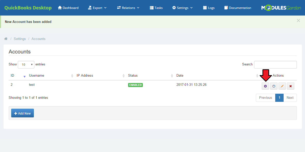 QuickBooks Desktop For WHMCS: Accounts list with the new enabled account and the download file icon