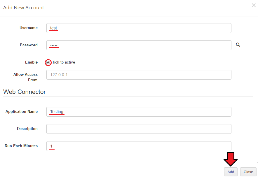 QuickBooks Desktop For WHMCS: Add New Account dialog with username, password, Web Connector name and interval
