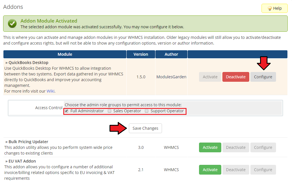 QuickBooks Desktop For WHMCS: WHMCS Addons page with Access Control admin groups, Configure and Save Changes buttons