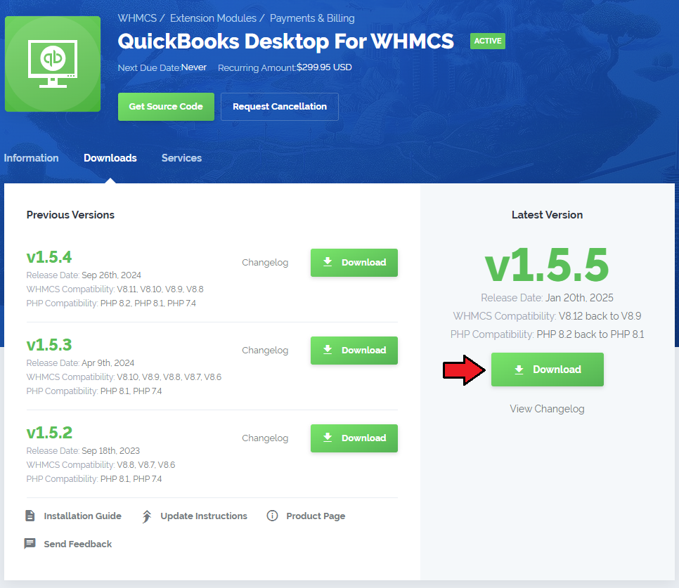 QuickBooks Desktop For WHMCS: client area Downloads tab with the Download button for the latest module version