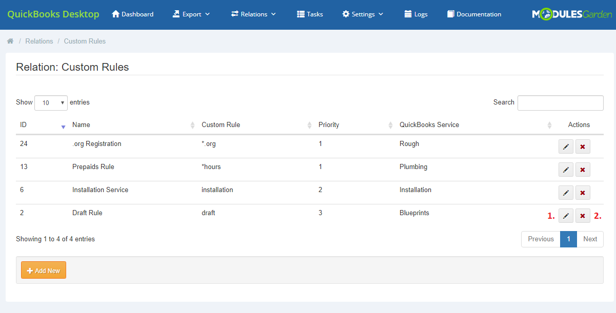 QuickBooks Desktop For WHMCS: Custom Rules relation list with a new rule and the edit and delete icons marked
