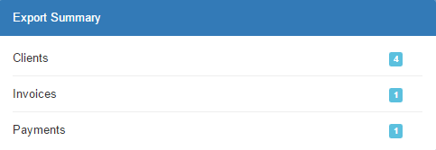 QuickBooks Desktop For WHMCS: Export Summary box on the dashboard showing the number of exported clients, invoices