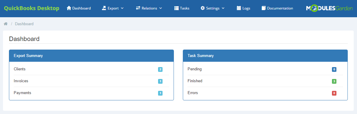 QuickBooks Desktop For WHMCS: Dashboard with the Export Summary and Task Summary tables showing counts and task statuses
