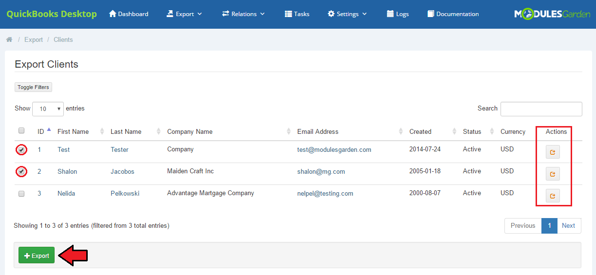 QuickBooks Desktop For WHMCS: Export Clients list with selected clients, the Export button and the Actions column