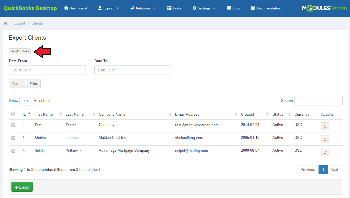 QuickBooks Desktop For WHMCS: Export Clients page with the Toggle Filters button and the Date From and Date To filter