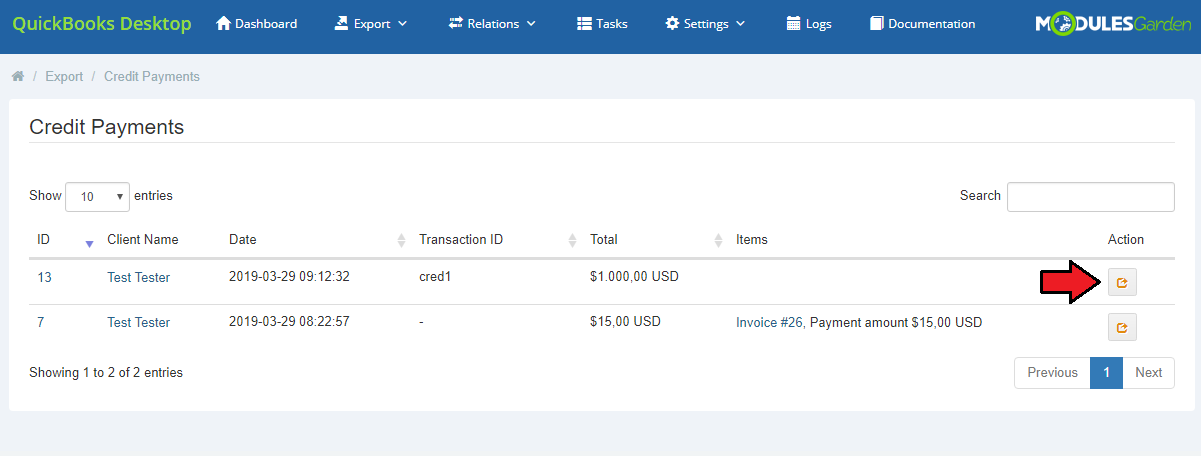 QuickBooks Desktop For WHMCS: Credit Payments list under Export with the Action button for manual synchronization