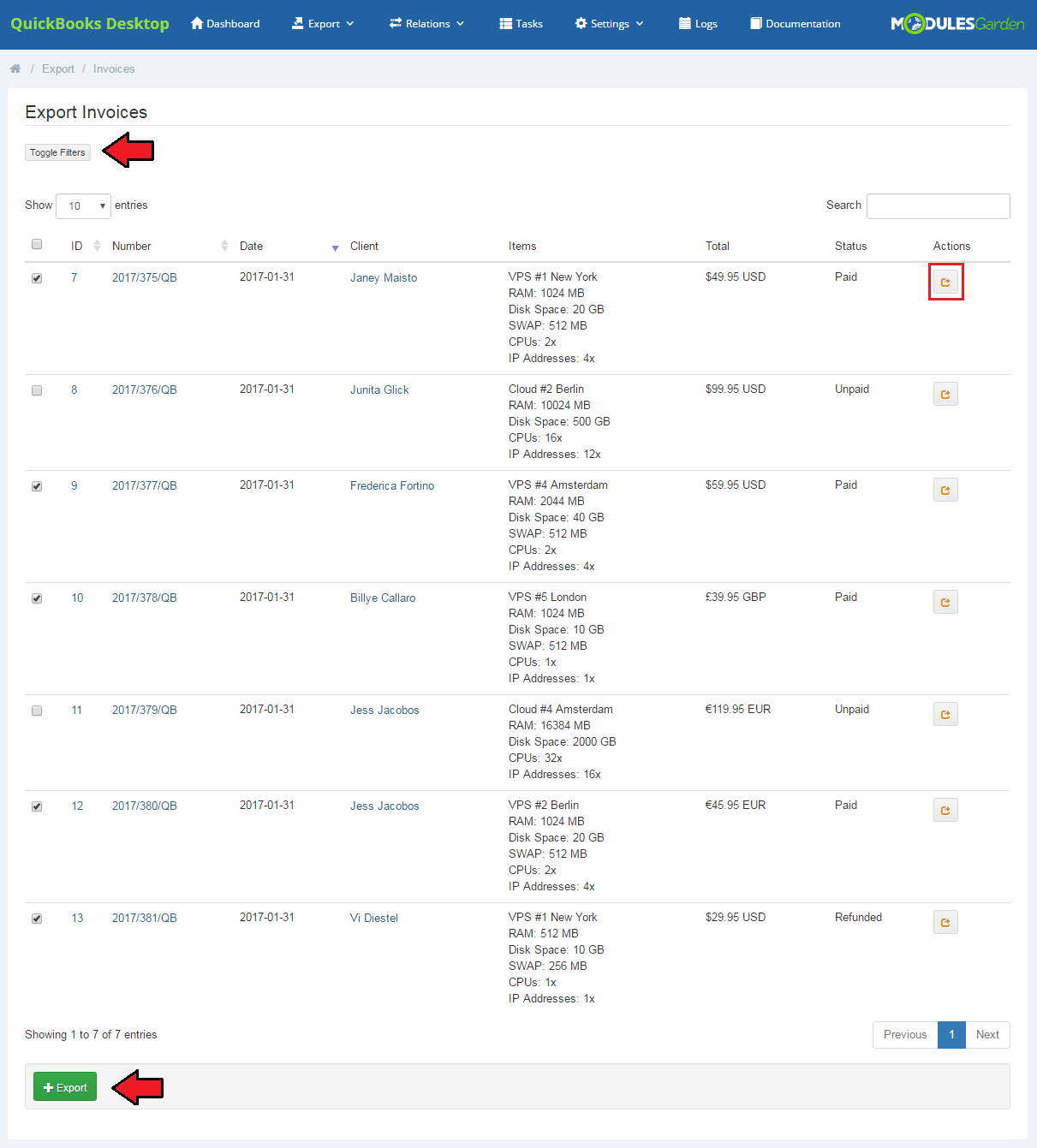 QuickBooks Desktop For WHMCS: Export Invoices list with Toggle Filters, selected invoices, the Export button and Actions