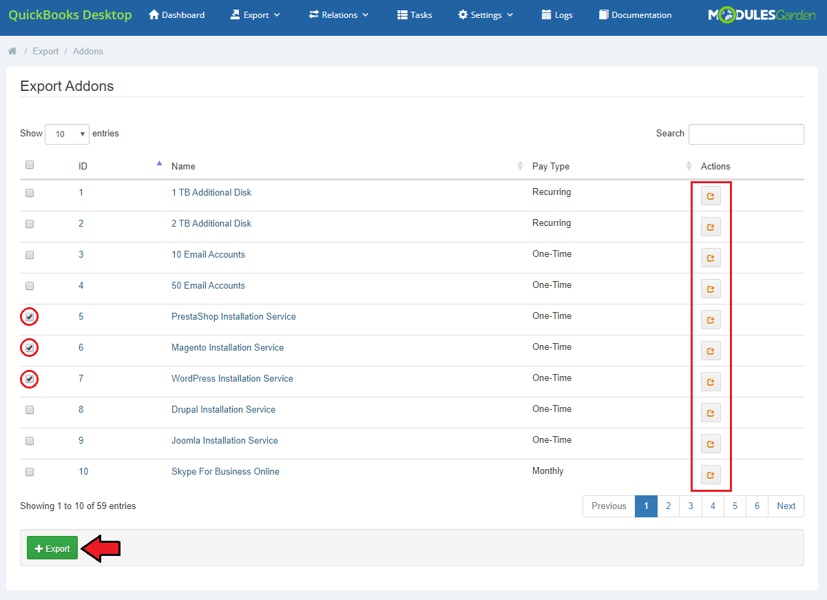QuickBooks Desktop For WHMCS: Export Addons list of WHMCS product addons with selected rows and the Export button