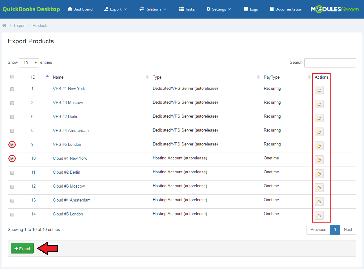 QuickBooks Desktop For WHMCS: Export Products list with selected products, the Export button and the Actions column