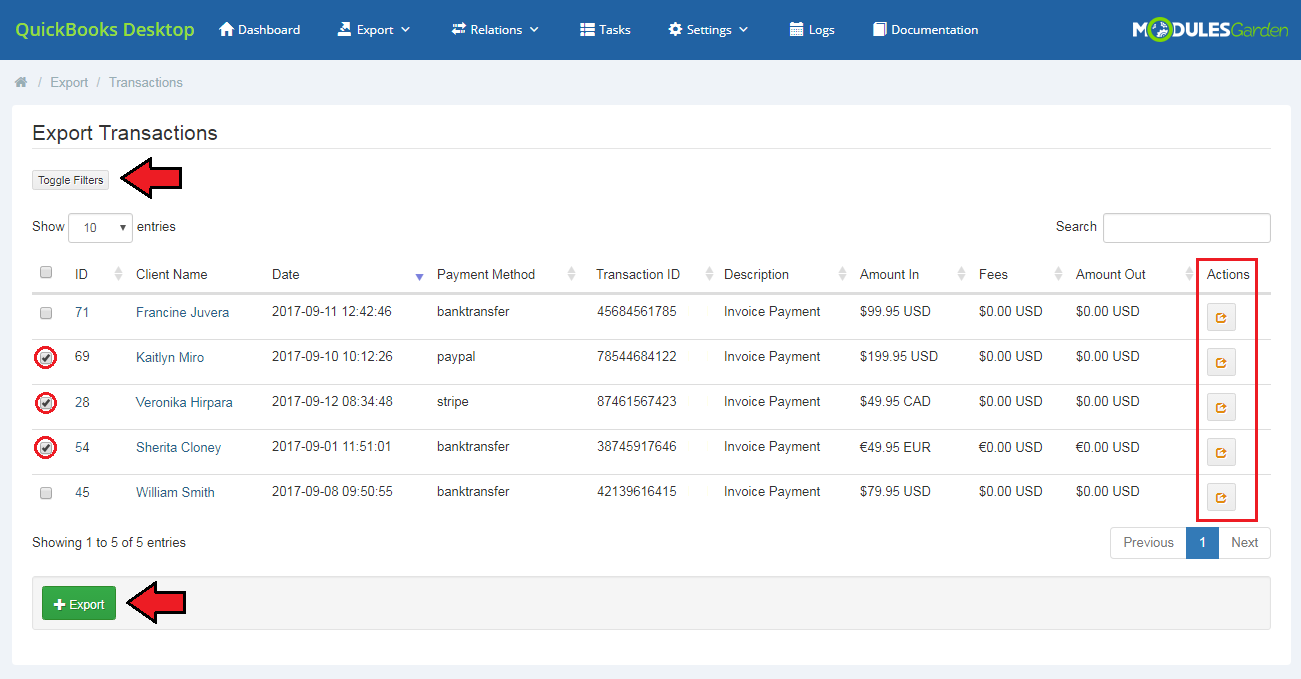 QuickBooks Desktop For WHMCS: Export Transactions list with selected rows, Toggle Filters, Export button and Actions