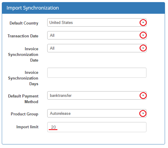 QuickBooks Desktop For WHMCS: Import Synchronization settings table with country, dates, payment method and import limit