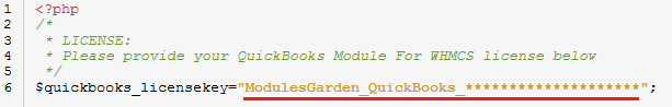 QuickBooks Desktop For WHMCS: license.php file open in an editor with the license key variable highlighted