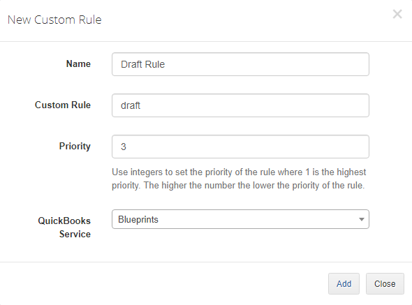QuickBooks Desktop For WHMCS: New Custom Rule dialog with Name, Custom Rule, Priority and QuickBooks Service fields