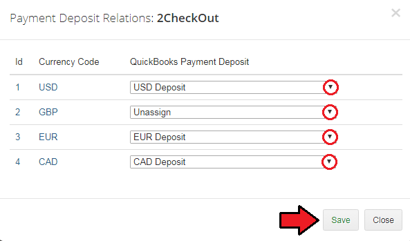 QuickBooks Desktop For WHMCS: Payment Deposit Relations dialog for 2CheckOut assigning a QuickBooks deposit to each