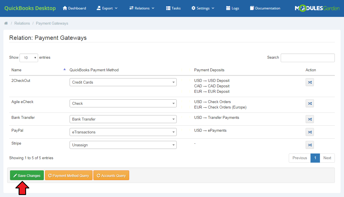 QuickBooks Desktop For WHMCS: Payment Gateways relation list after saving, with deposits assigned per currency