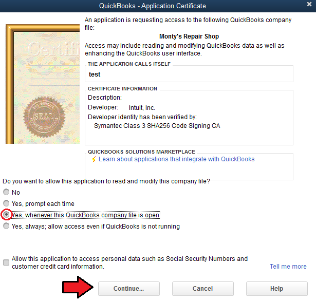 QuickBooks Desktop For WHMCS: QuickBooks Application Certificate window with the access option and Continue button