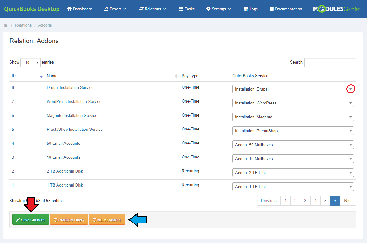 QuickBooks Desktop For WHMCS: Relation: Addons page with the QuickBooks Service dropdown and Match Addons button