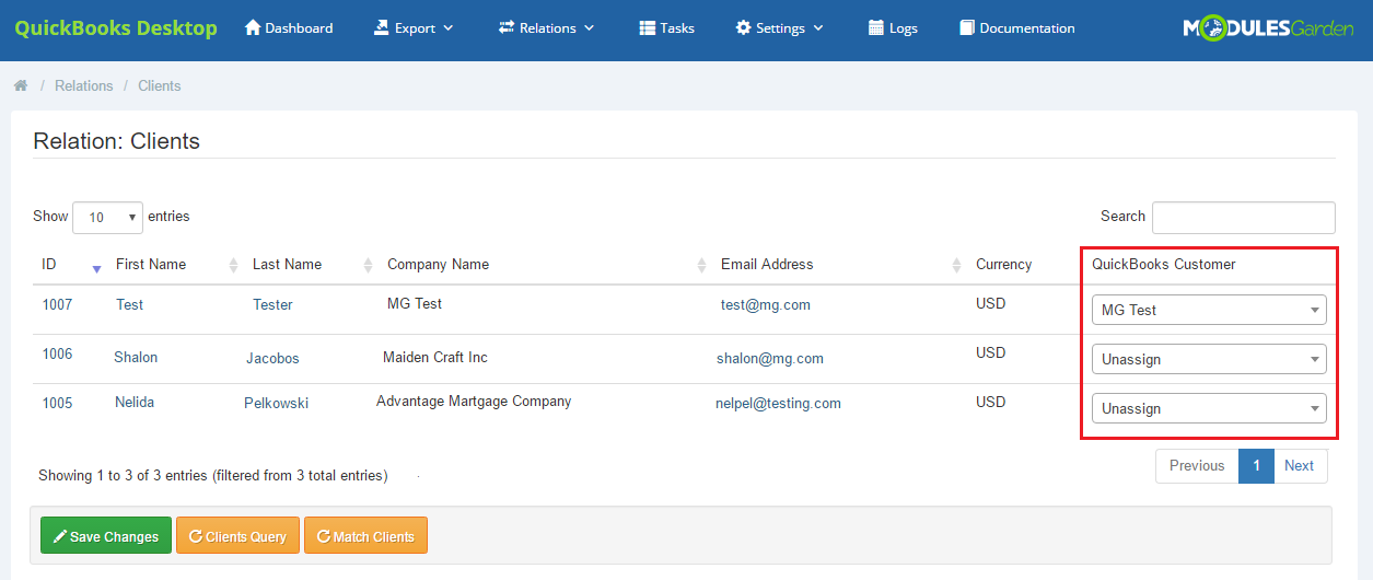 QuickBooks Desktop For WHMCS: Relation: Clients page with the QuickBooks Customer dropdown column and Match Clients