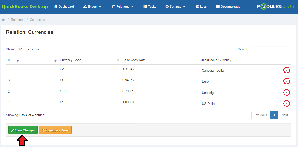 QuickBooks Desktop For WHMCS: Currencies relation table with QuickBooks Currency dropdowns and the Save Changes button