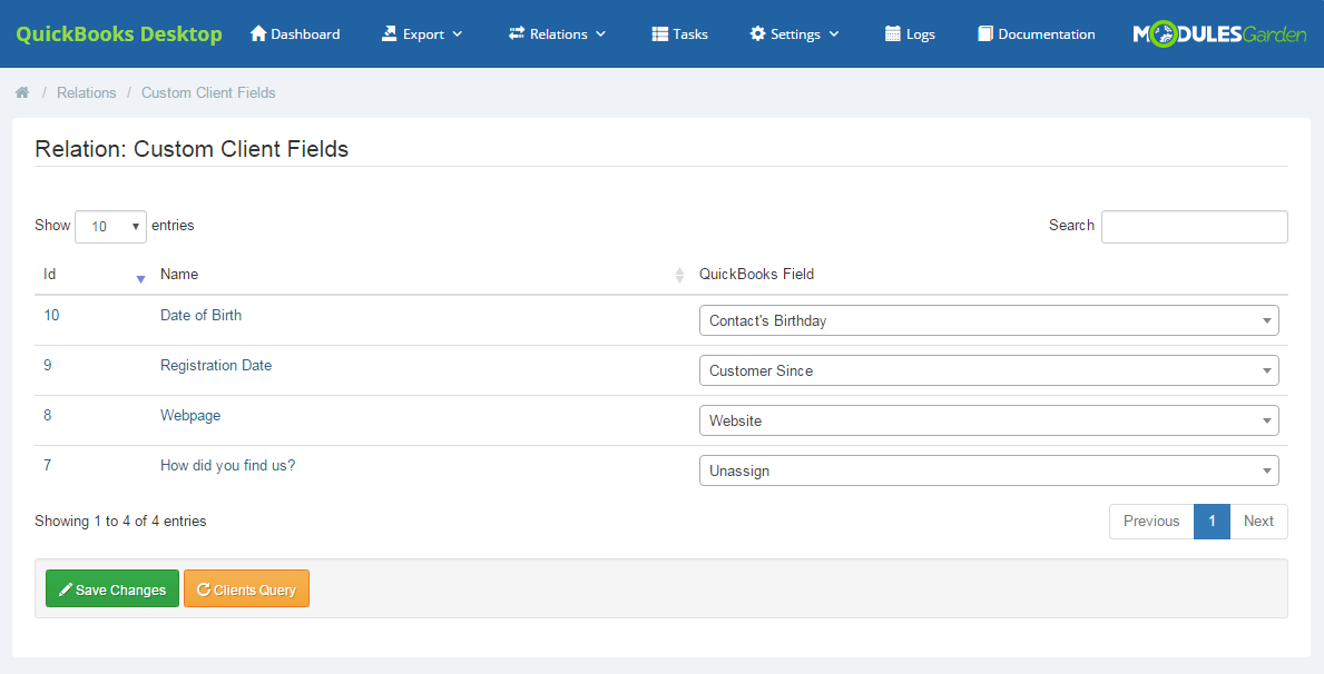 QuickBooks Desktop For WHMCS: Relation: Custom Client Fields page mapping WHMCS fields to QuickBooks fields