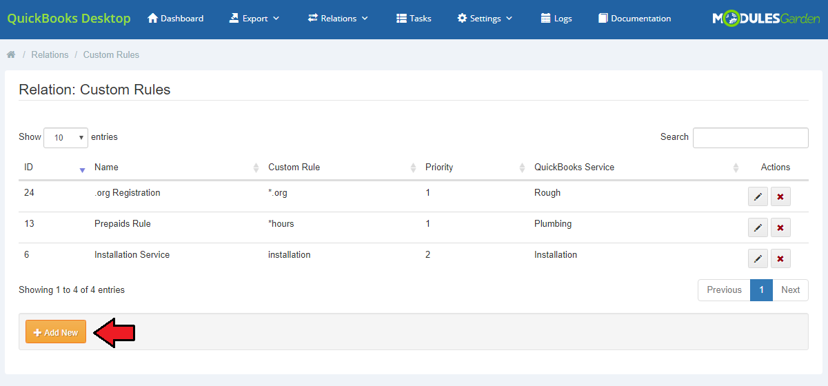 QuickBooks Desktop For WHMCS: Custom Rules relation list with the Add New button highlighted