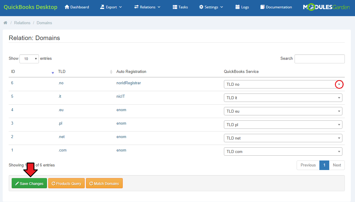 QuickBooks Desktop For WHMCS: Relation: Domains page with the QuickBooks Service dropdown and Save Changes button