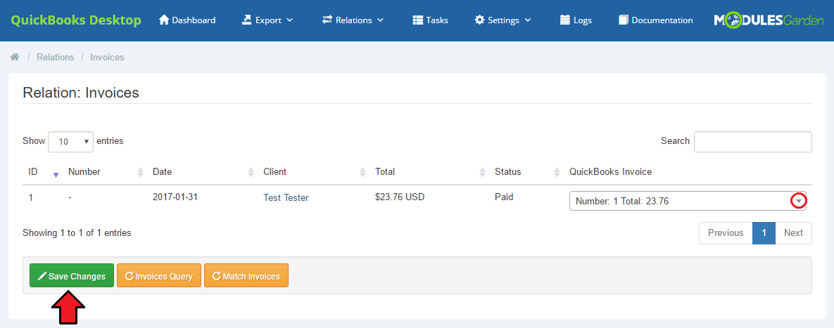 QuickBooks Desktop For WHMCS: Relation: Invoices page with the QuickBooks Invoice dropdown and Save Changes button
