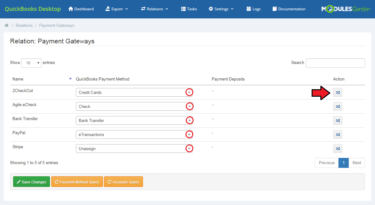 QuickBooks Desktop For WHMCS: Payment Gateways relation list with QuickBooks payment method dropdowns and Action buttons