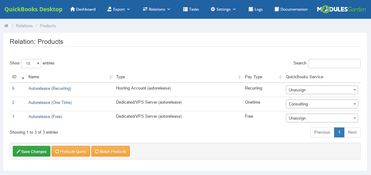 QuickBooks Desktop For WHMCS: Relation: Products page with the QuickBooks Service dropdown column