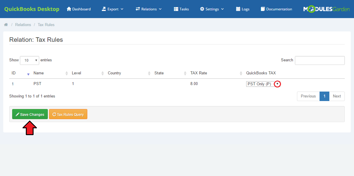 QuickBooks Desktop For WHMCS: Tax Rules relation table with a QuickBooks TAX dropdown and the Save Changes button